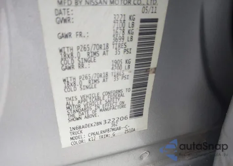 2011 Nissan Titan S из США, поврежденный, VIN 1N6BA0EK2BN322206